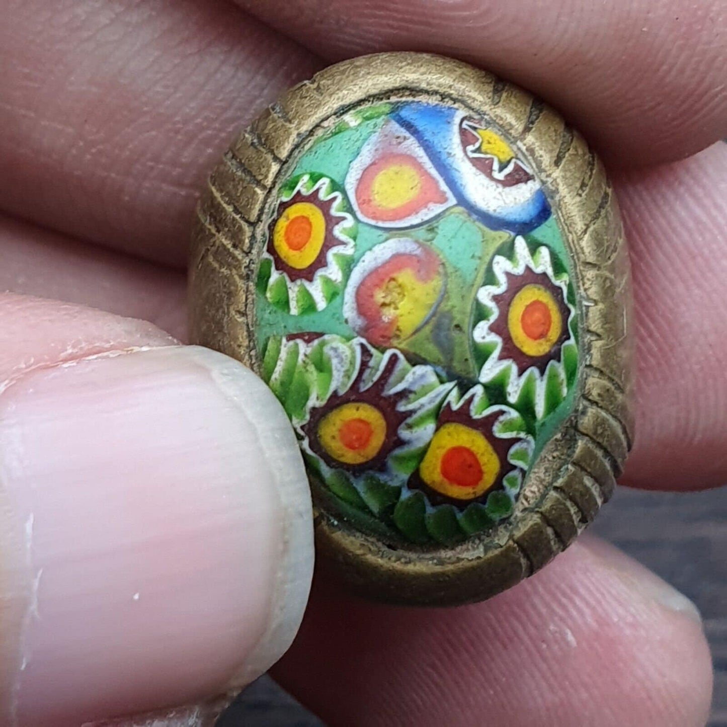 Vintage Gabri Mosaic Glass Brass Ring: Floral Pattern