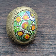 Vintage Gabri Mosaic Glass Brass Ring: Floral Pattern