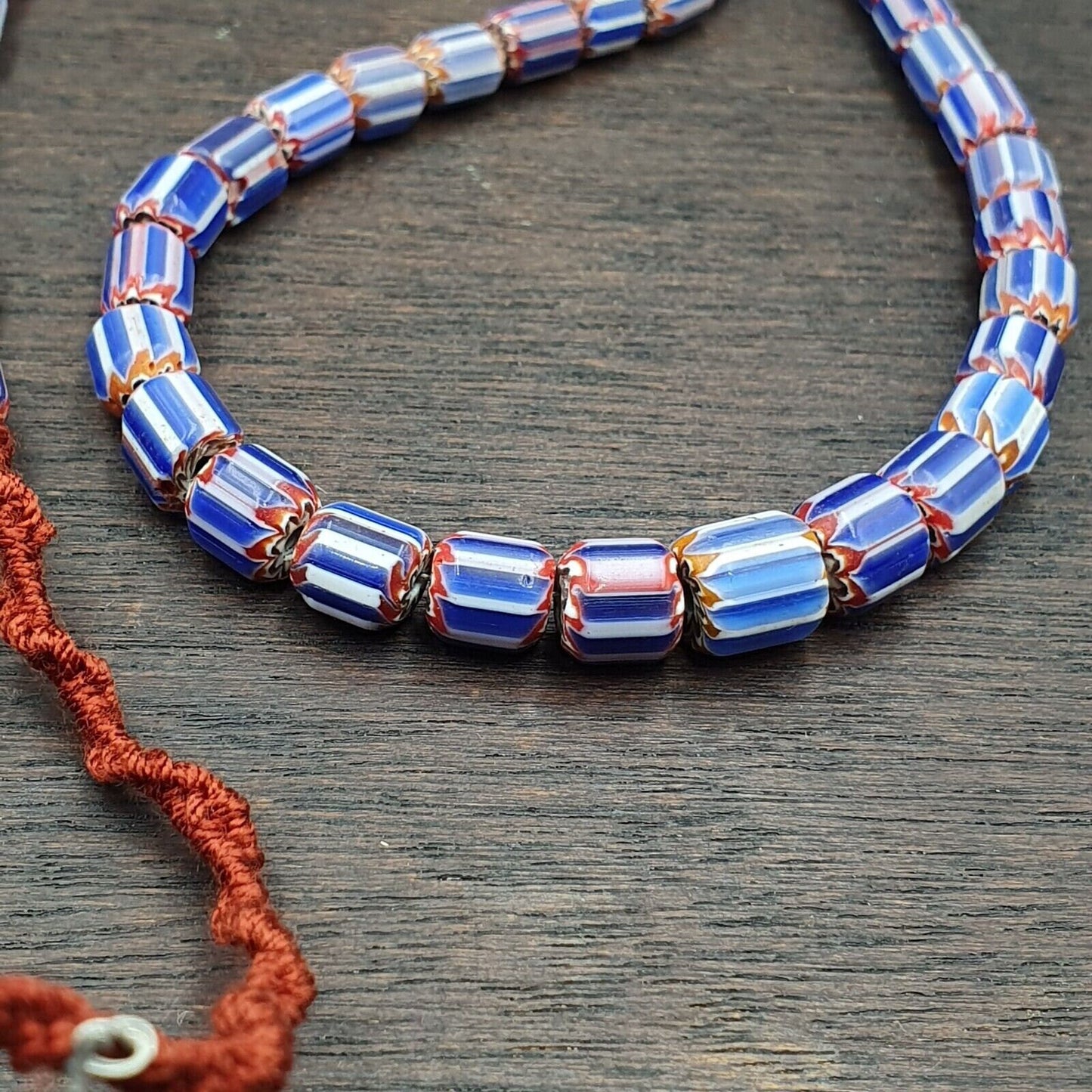 Vintage Venetian Chevron Bead Necklace: Old Blue Trade Glass, 24 Inch