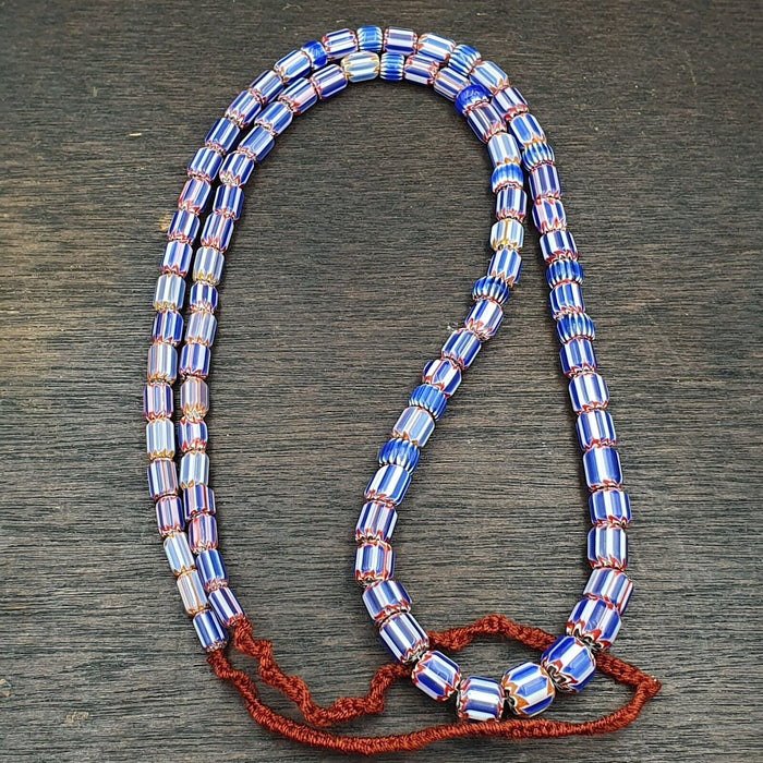 Vintage Venetian Chevron Bead Necklace: Old Blue Glass, 24 Inch Strand