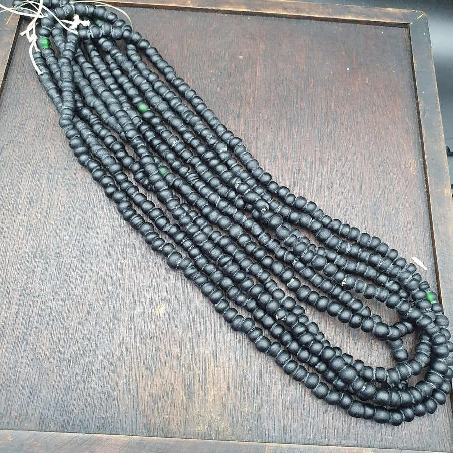 Vintage African Black Glass Trade Beads Strand (7-8mm)