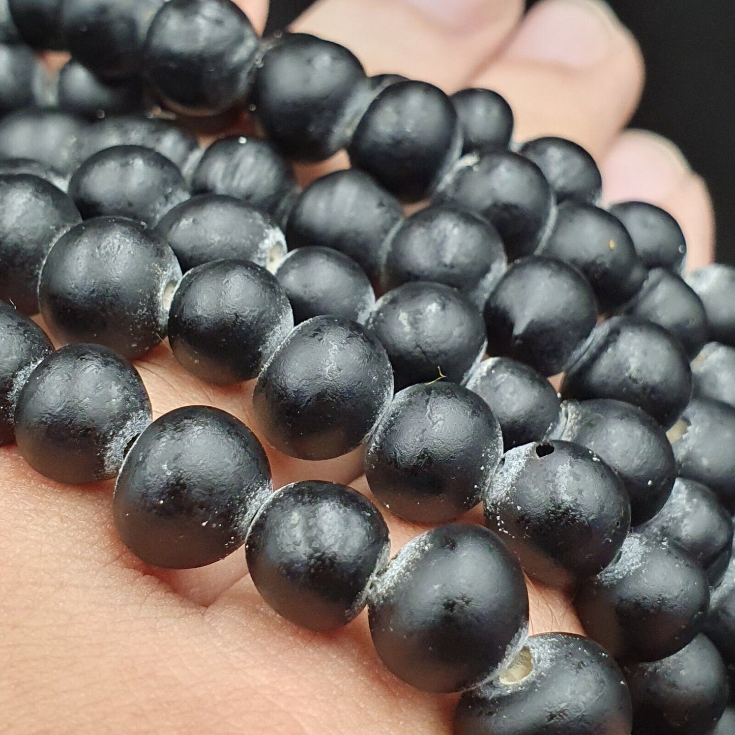 Vintage Black Glass African Trade Beads Strand (8-10mm)