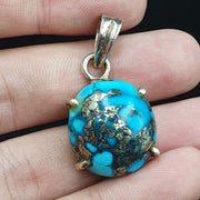 Vintage natural blue turquois pyrite matrix sterling silver pendant necklace