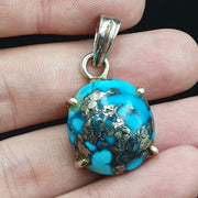 Vintage natural blue turquois pyrite matrix sterling silver pendant necklace