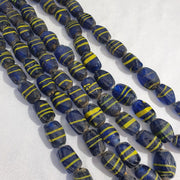 Vintage African Trade Beads: Yellow Stripes, Blue Glass (20x12mm)