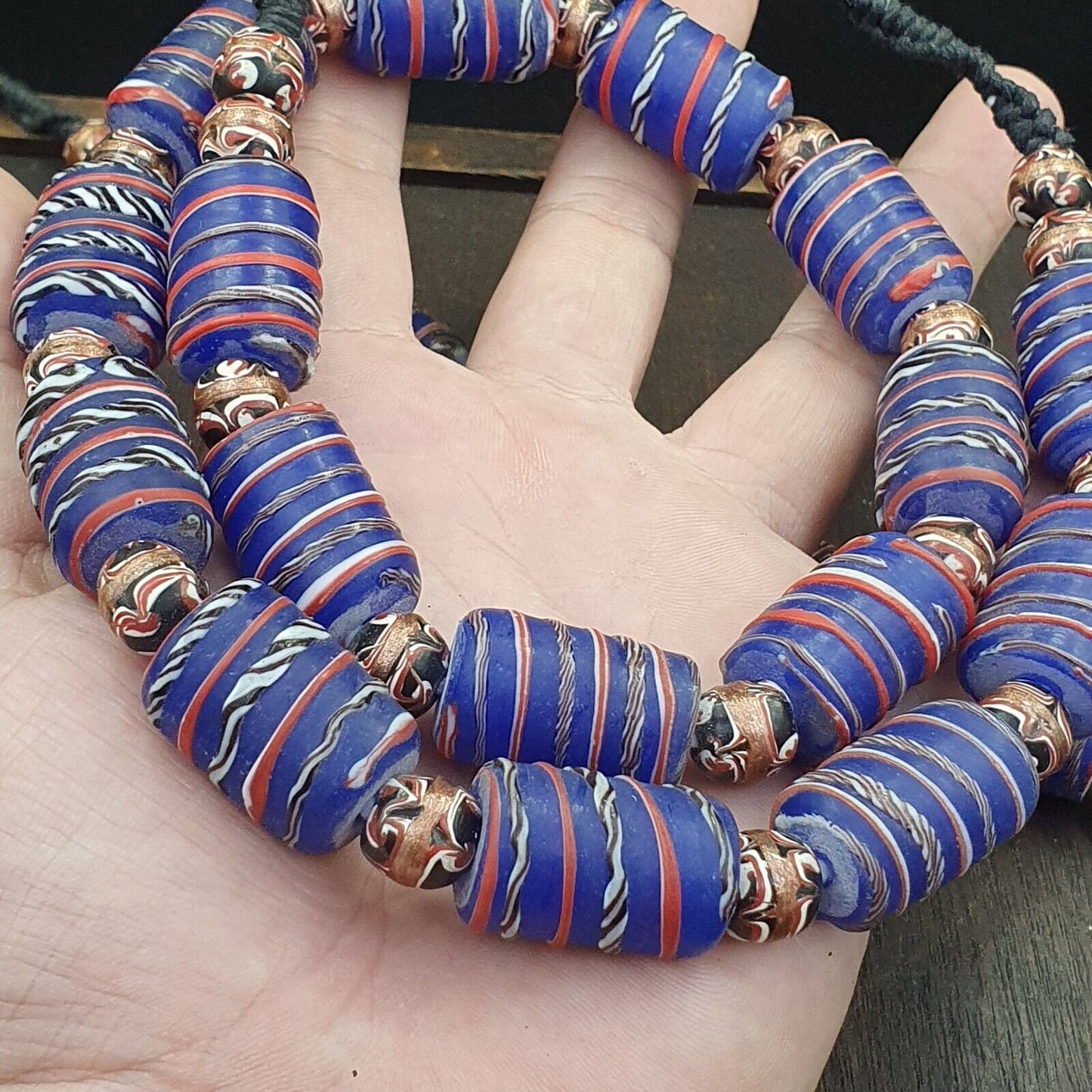 Vintage african style blue glass aventurine fancy glass beads beaded necklaceGift