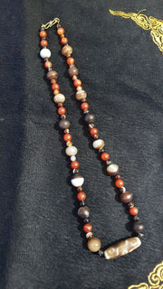 Antique 9 eyes dzi indo tibetan soleimani agate beads, beaded necklace