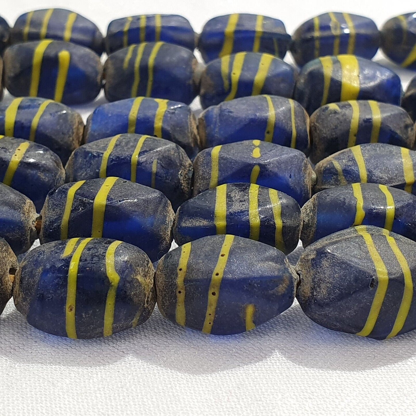 Vintage African Trade Beads: Yellow Stripes, Blue Glass (20x12mm)