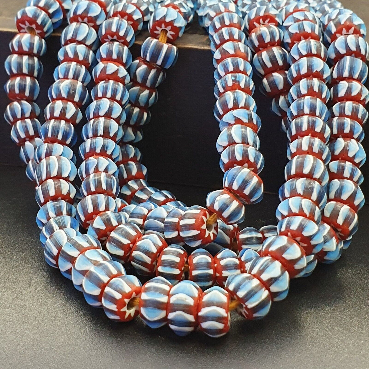 Vintage chevron beads venetian style red blue glass 9-10mm beads long strand