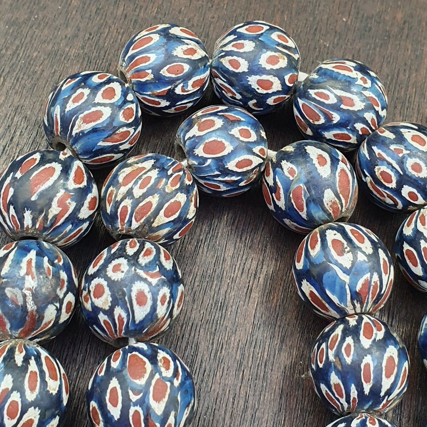 Vintage antique blue gabri red eyes glass beads strand 19mmGift