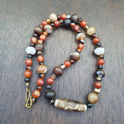 Antique 9 eyes dzi indo tibetan soleimani agate beads, beaded necklace