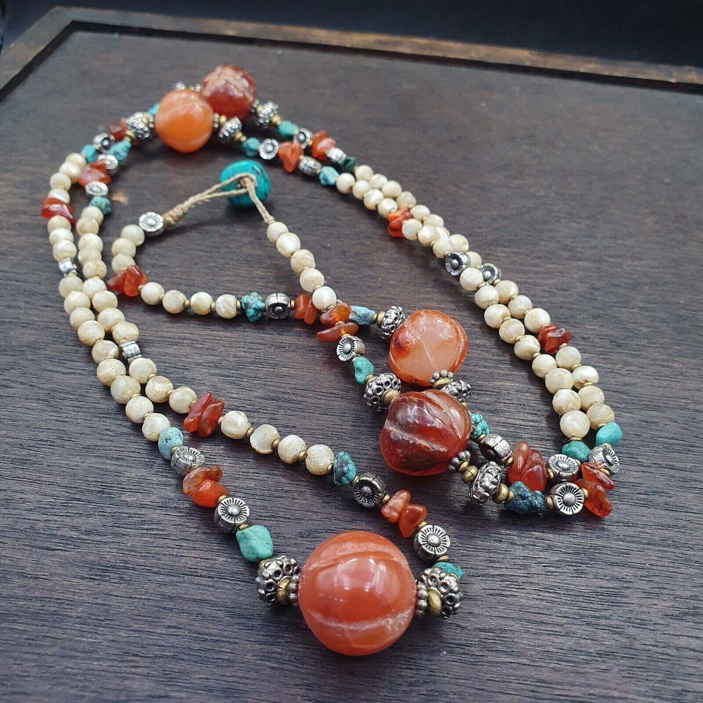 Turquoise shell pearl agate stone tibetan nepal necklace boho ethnic jewelry 40"