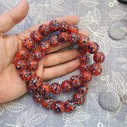 Red floral art deco venrano millefiori glass beads strand.