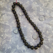 Vintage green vene beads unique pattern glass beaded strand necklace 17-19mm.