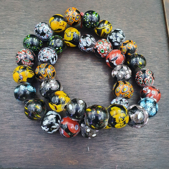 Vintage multicolor beads unique pattern glass beaded strand necklace 17-19mmGift