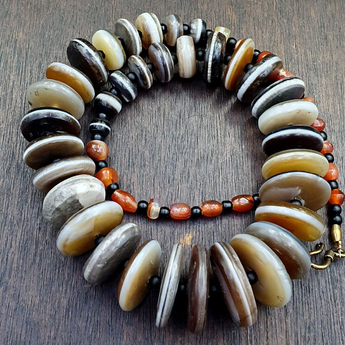 Very rare collection ancient dzi agate stone disc himalaya beads necklace b-2