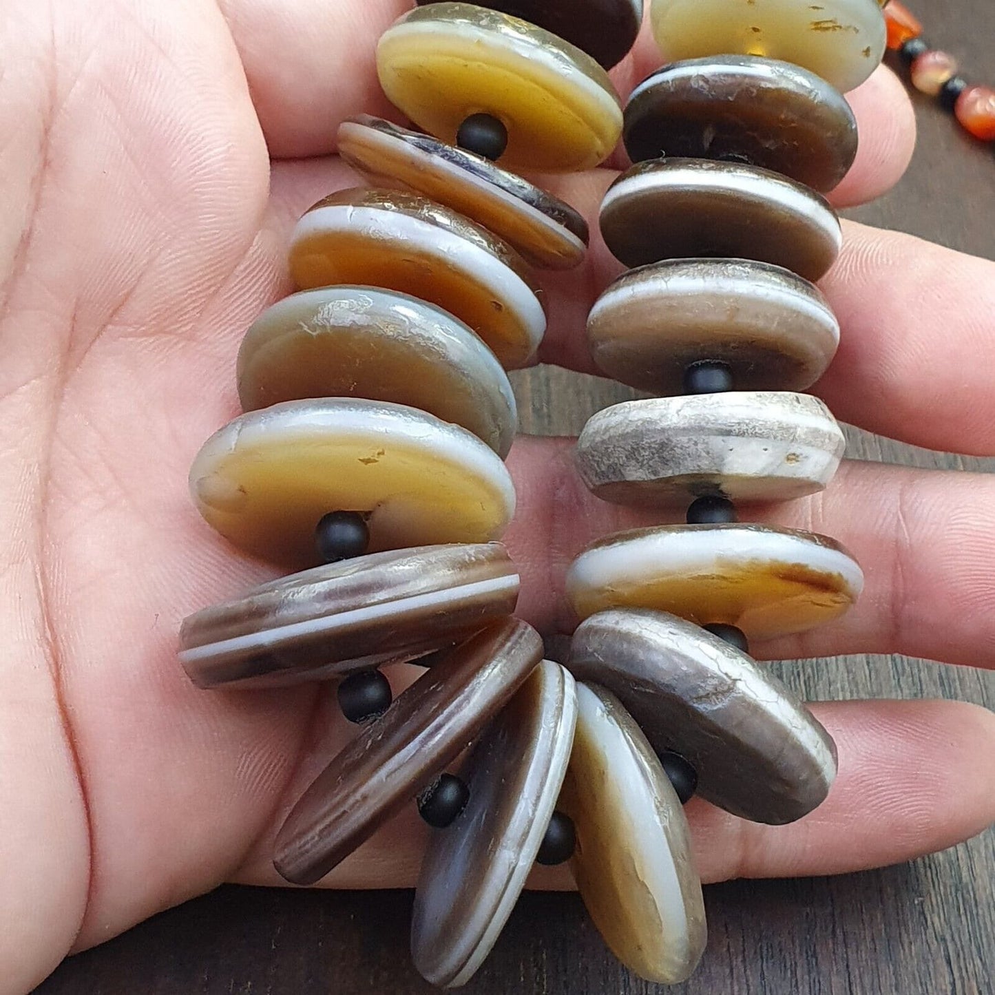 Very rare collection ancient dzi agate stone disc himalaya beads necklace b-2