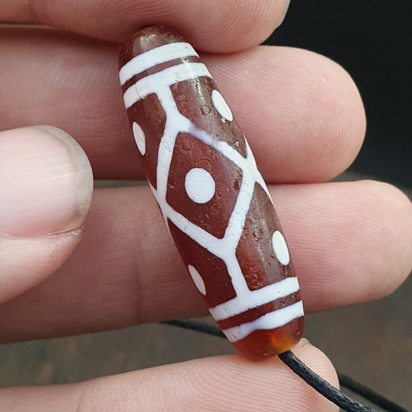 Tibetan southeast asian red etched agate bead decorated bead