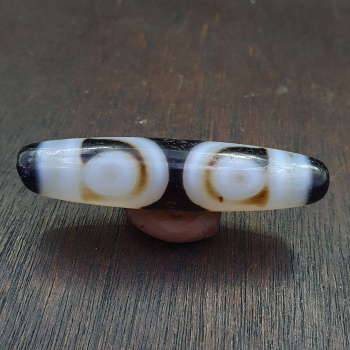Antique tibetan old grey agate dzi bead " 2 eyes " amulet pendant e-23