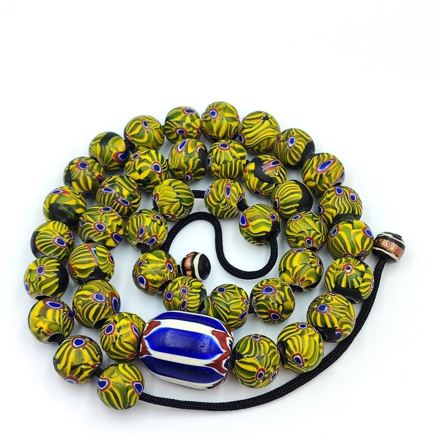 Very unique vintage venetian style old blue chevron glass beads long strand.
