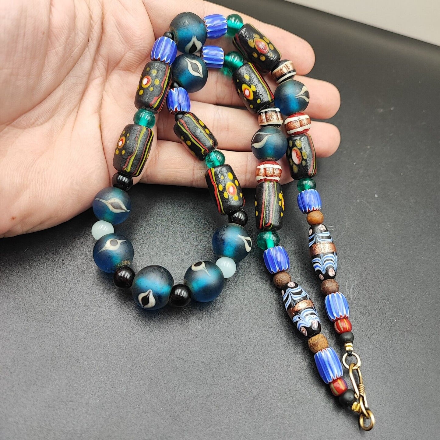 Vintage Venetian Style Glass Bead Strand: African Asian Mosaic Necklace