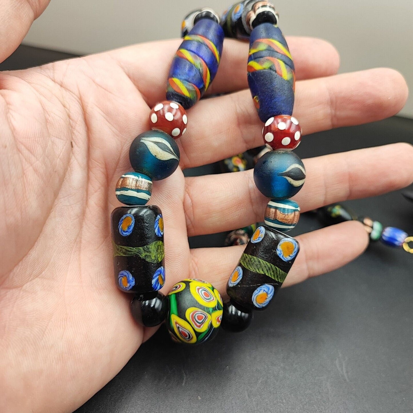 Vintage african asian mosaic glass chevron beads long strand necklaceGift