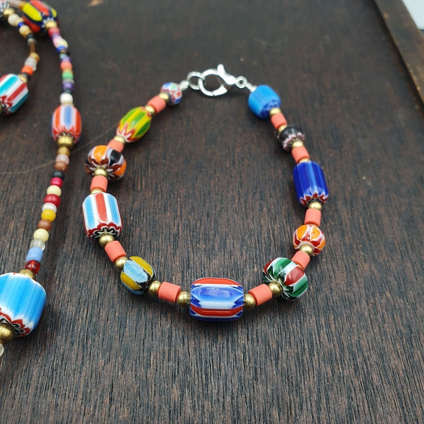 Set of vintage venetian style old african glass chevron beads long necklace ah-4