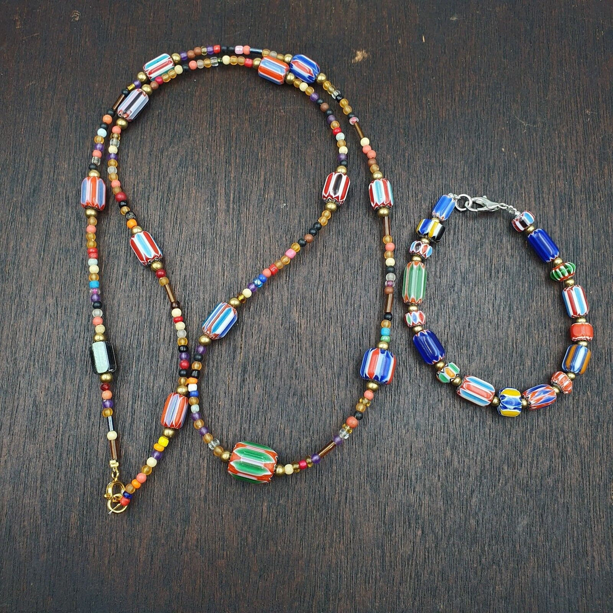 Set of vintage venetian style old african glass chevron beads long necklace