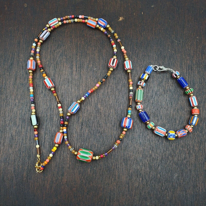 Set of vintage venetian style old african glass chevron beads long necklace