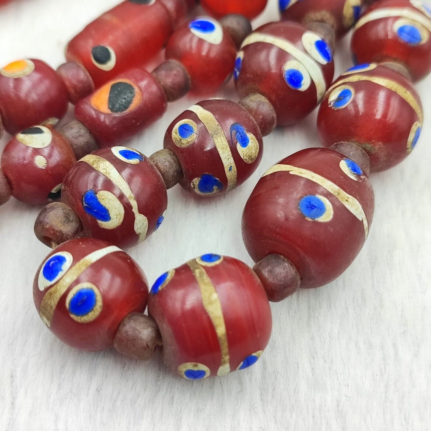 Vintage Red Venetian Trade Bead Necklace: 28" Skunk Glass Beads