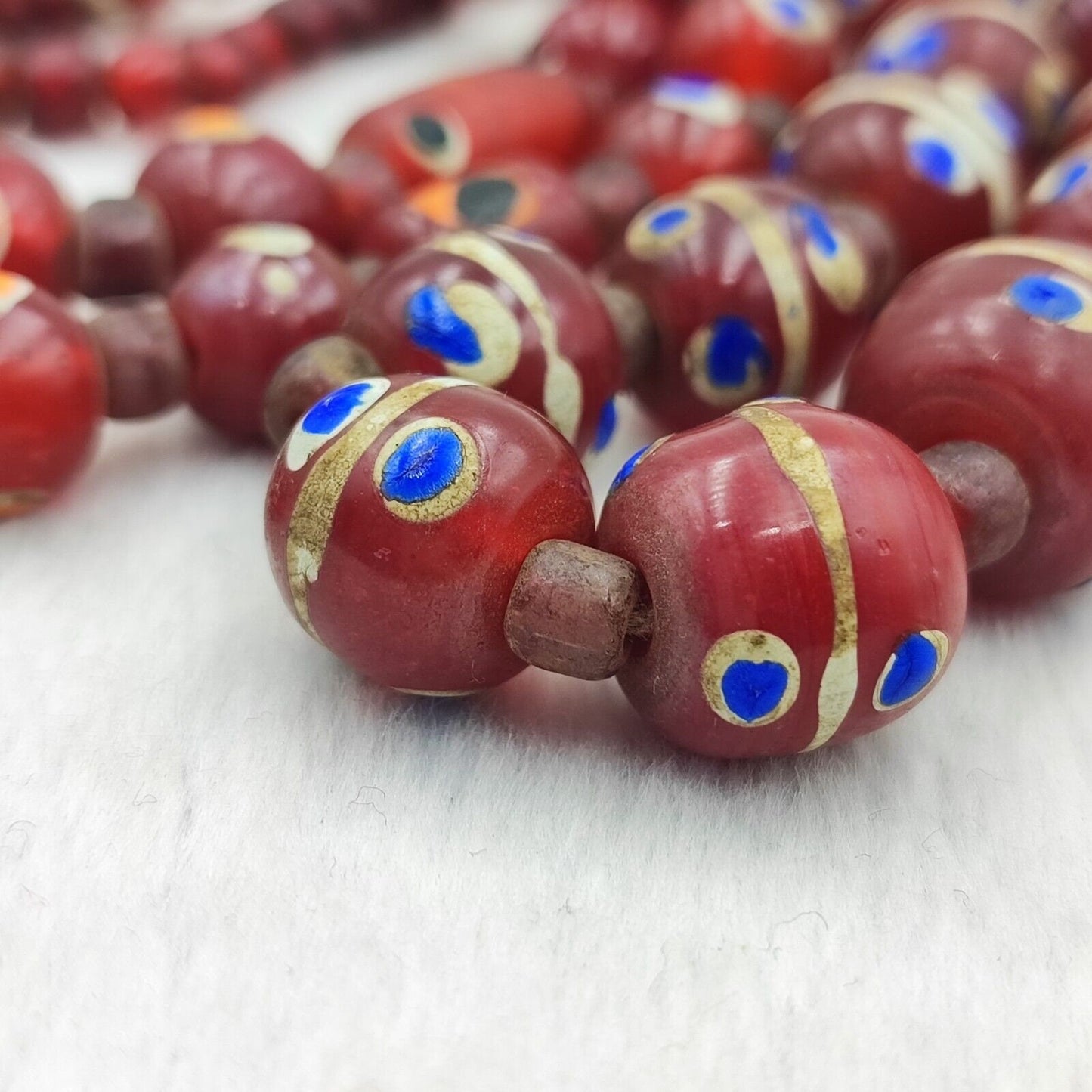 Vintage Red Venetian Trade Bead Necklace: 28" Skunk Glass Beads
