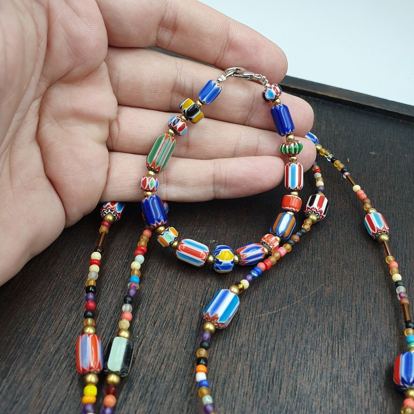 Set of vintage venetian style old african glass chevron beads long necklace