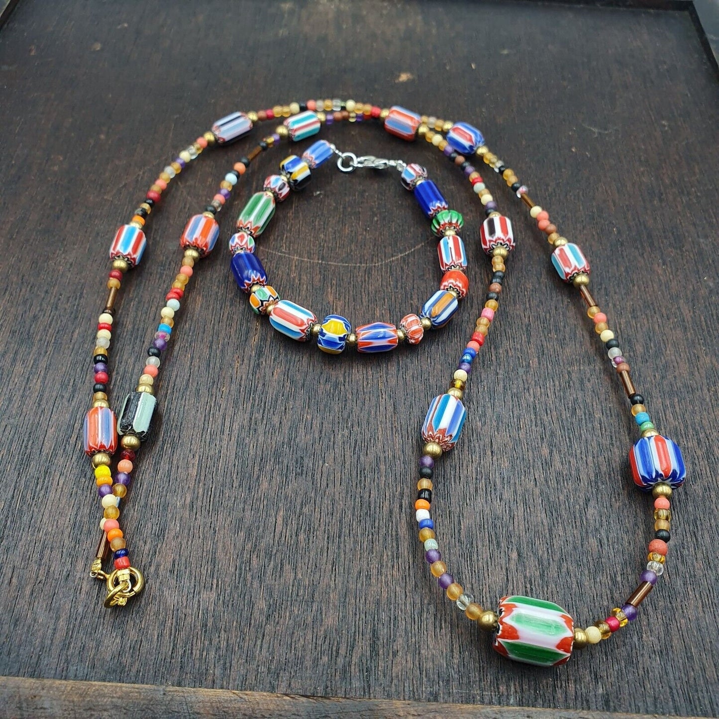 Set of vintage venetian style old african glass chevron beads long necklace