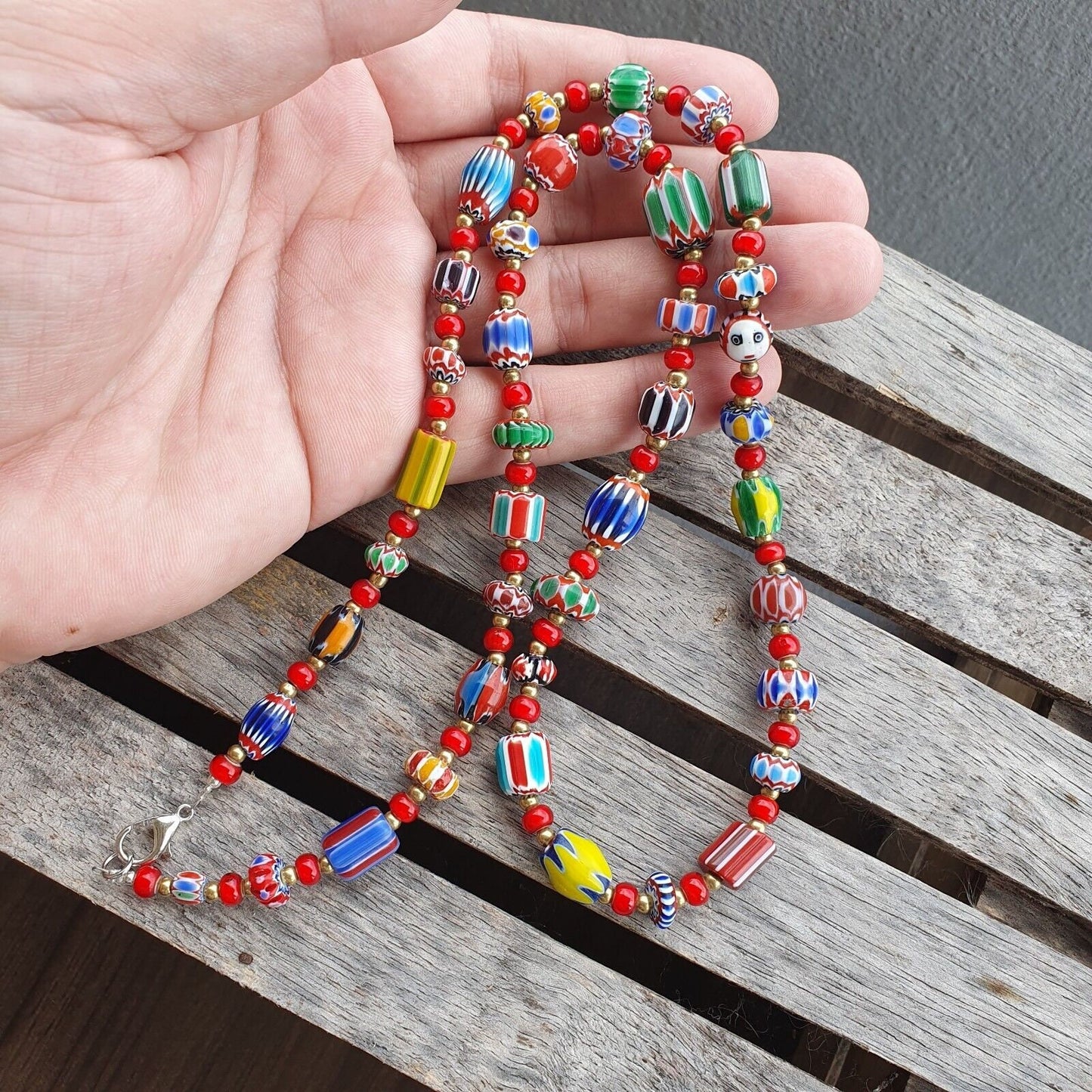 Colorful chevron and white heart venetian beads glass beads necklace ncc-8