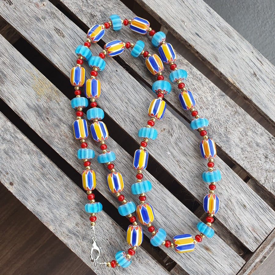 Colorful chevron and white heart venetian beads glass beads necklace ncc-7