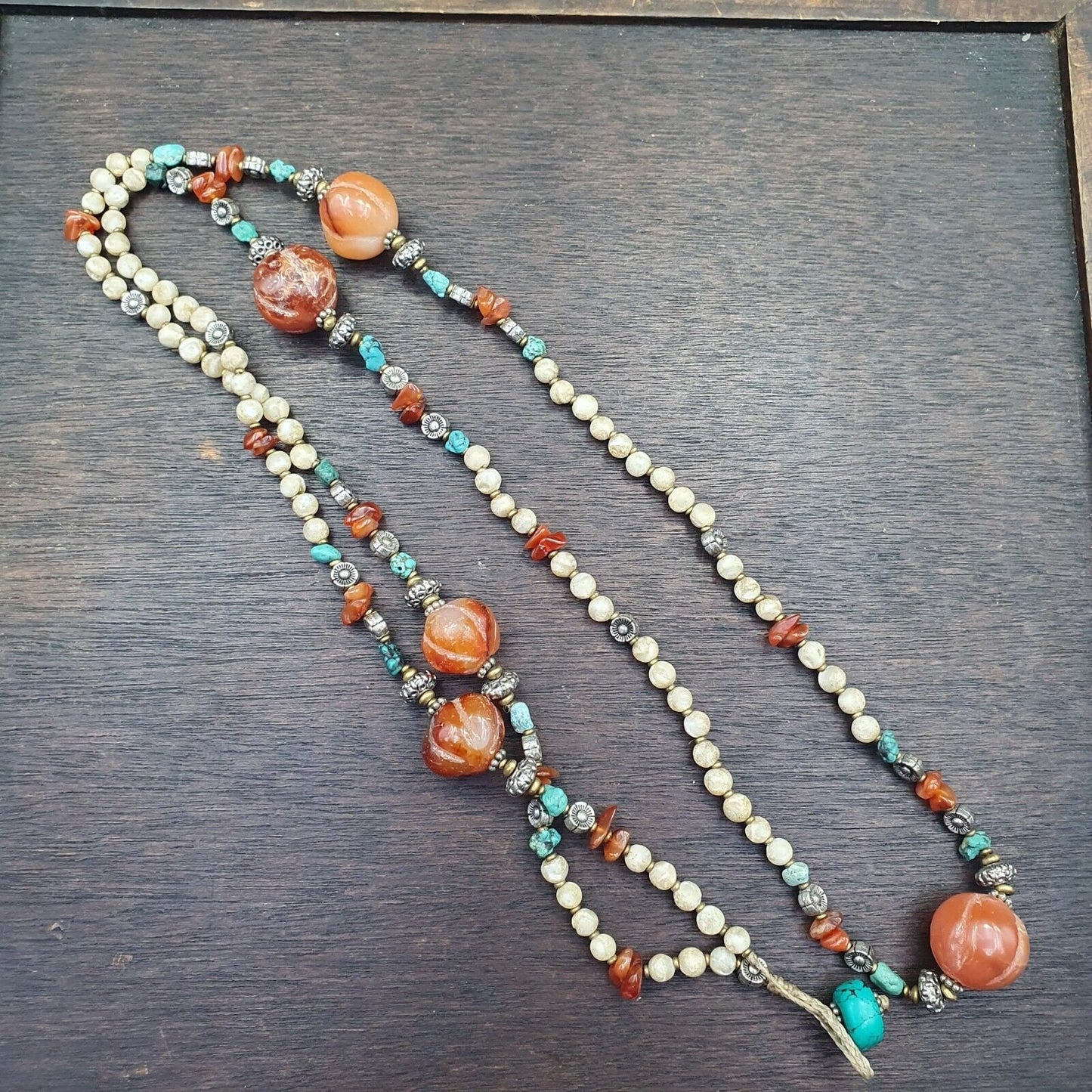 Turquoise shell pearl agate stone tibetan nepal necklace boho ethnic jewelry 40"