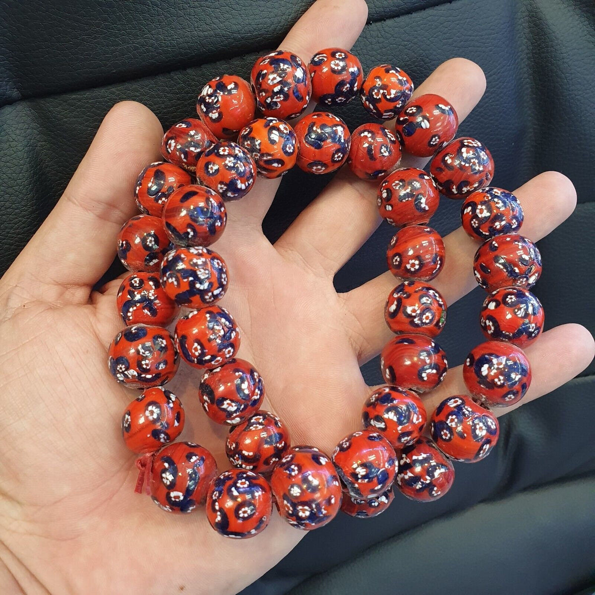 Red floral art deco venrano millefiori glass beads strand.
