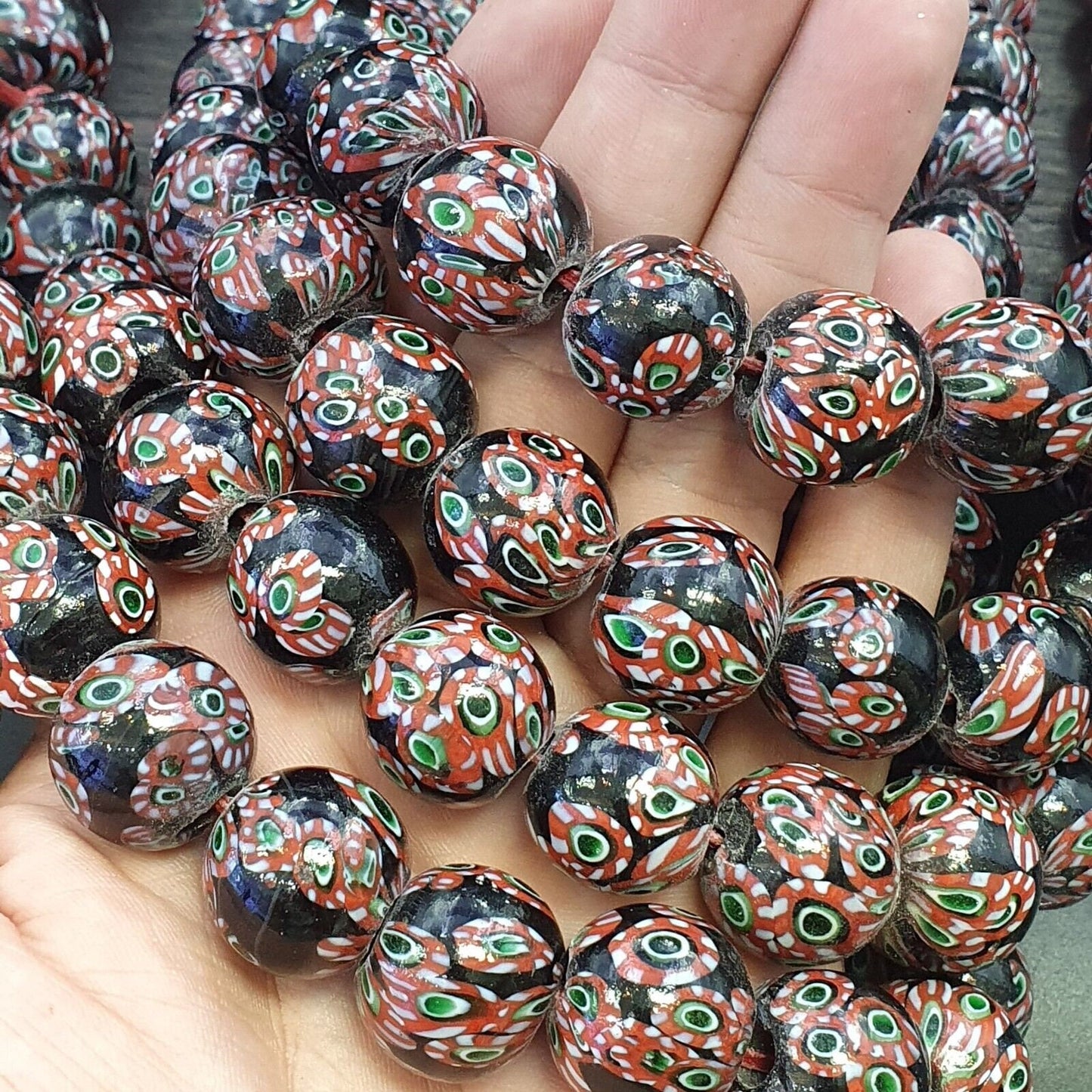 Vintage vene beads unique pattern glass beaded strand necklace 18-19mmGift
