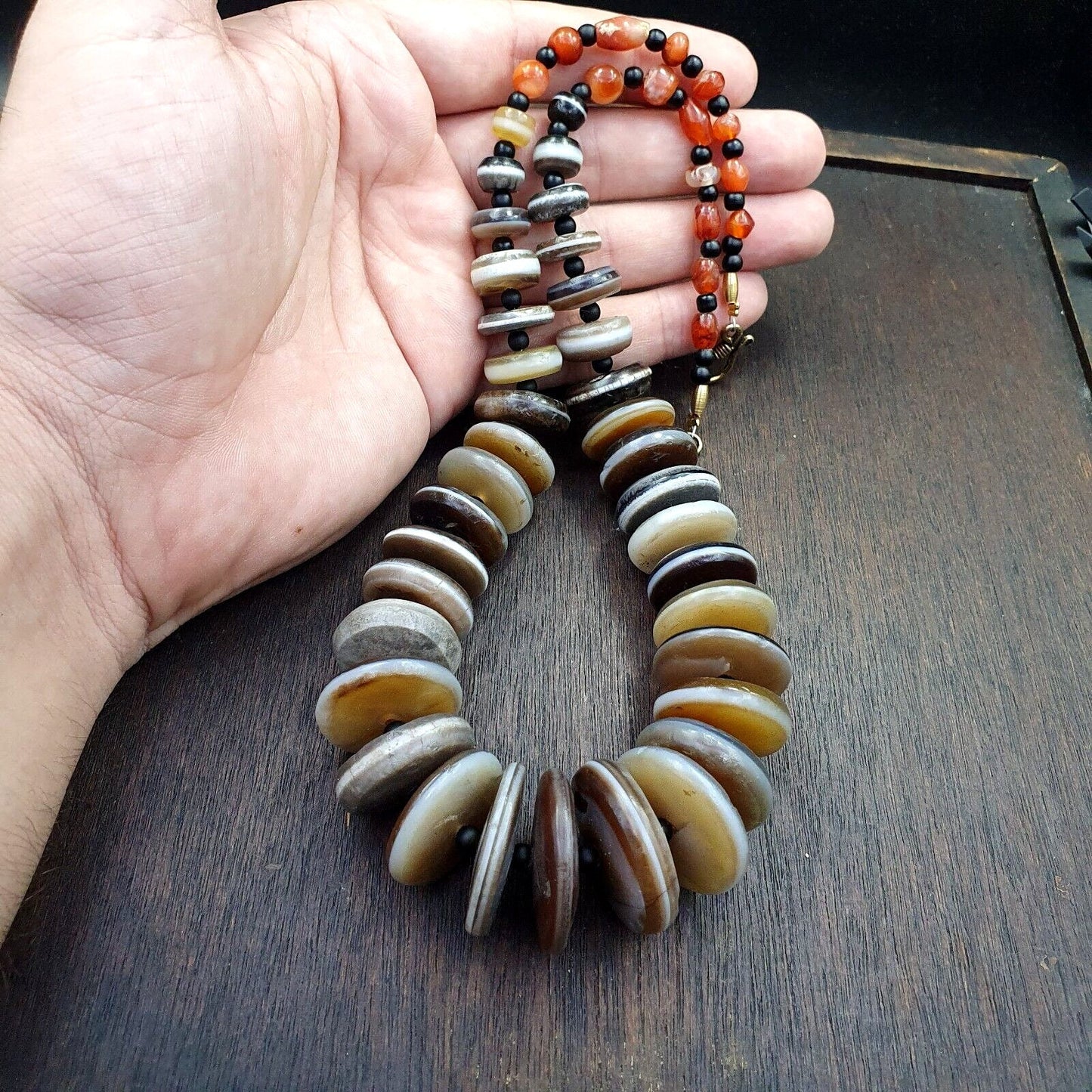Very rare collection ancient dzi agate stone disc himalaya beads necklace b-2