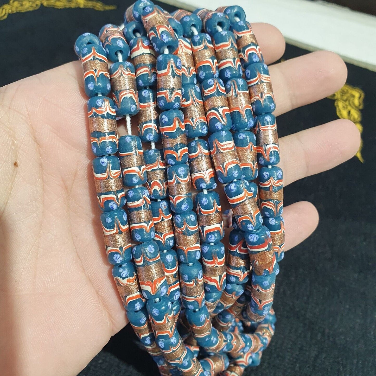 Vintage blue fancy aventurine glass beads strand 17x7.5mmGift