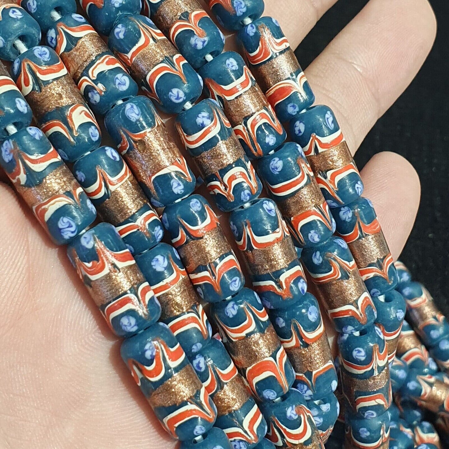 Vintage blue fancy aventurine glass beads strand 17x7.5mmGift