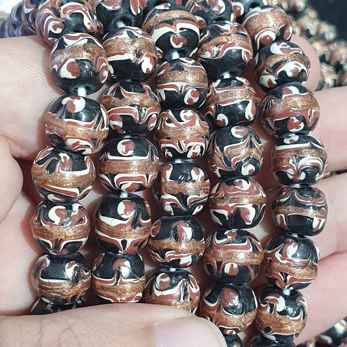 Vintage aventurine millefiori black fancy feather glass beads 10mm 24" necklaceGift