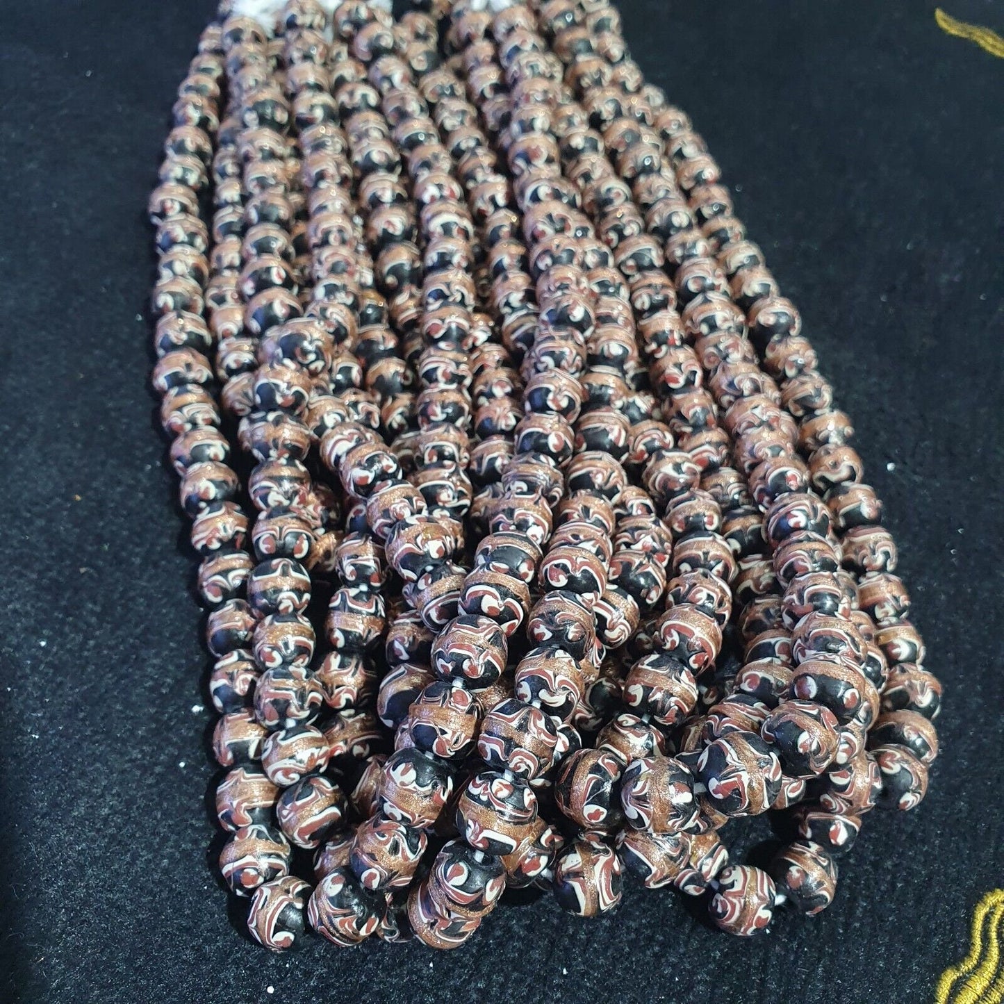 Vintage aventurine millefiori black fancy feather glass beads 10mm 24" necklaceGift