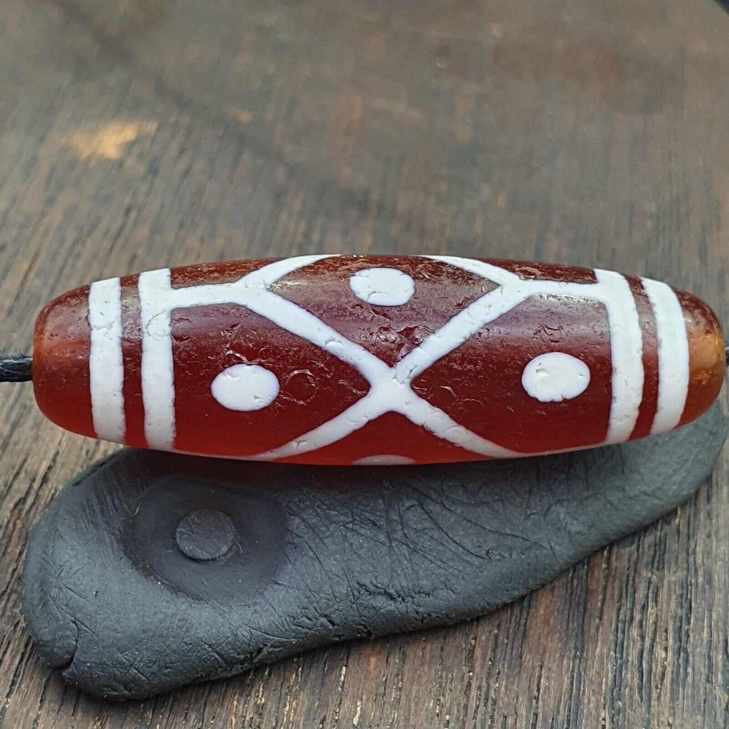 Tibetan southeast asian red etched agate bead decorated bead
