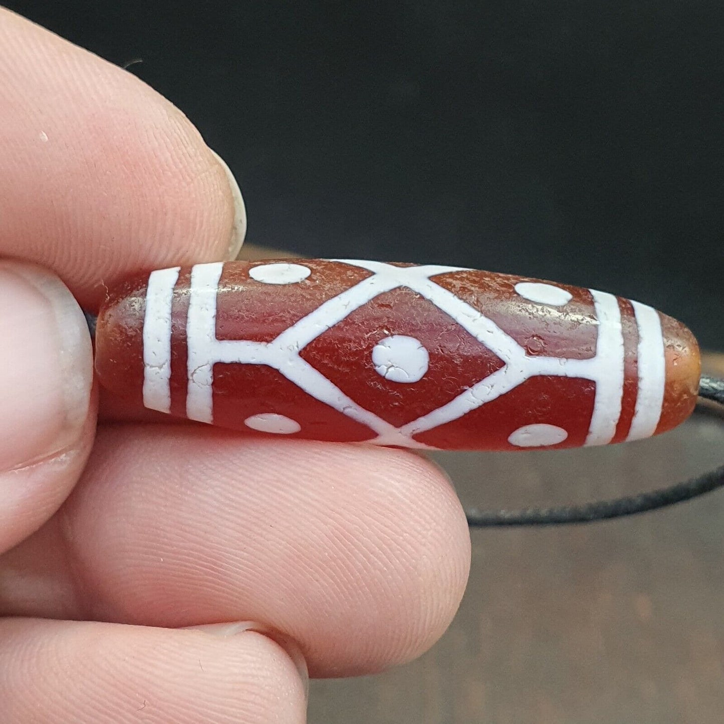 Tibetan southeast asian red etched agate bead decorated bead