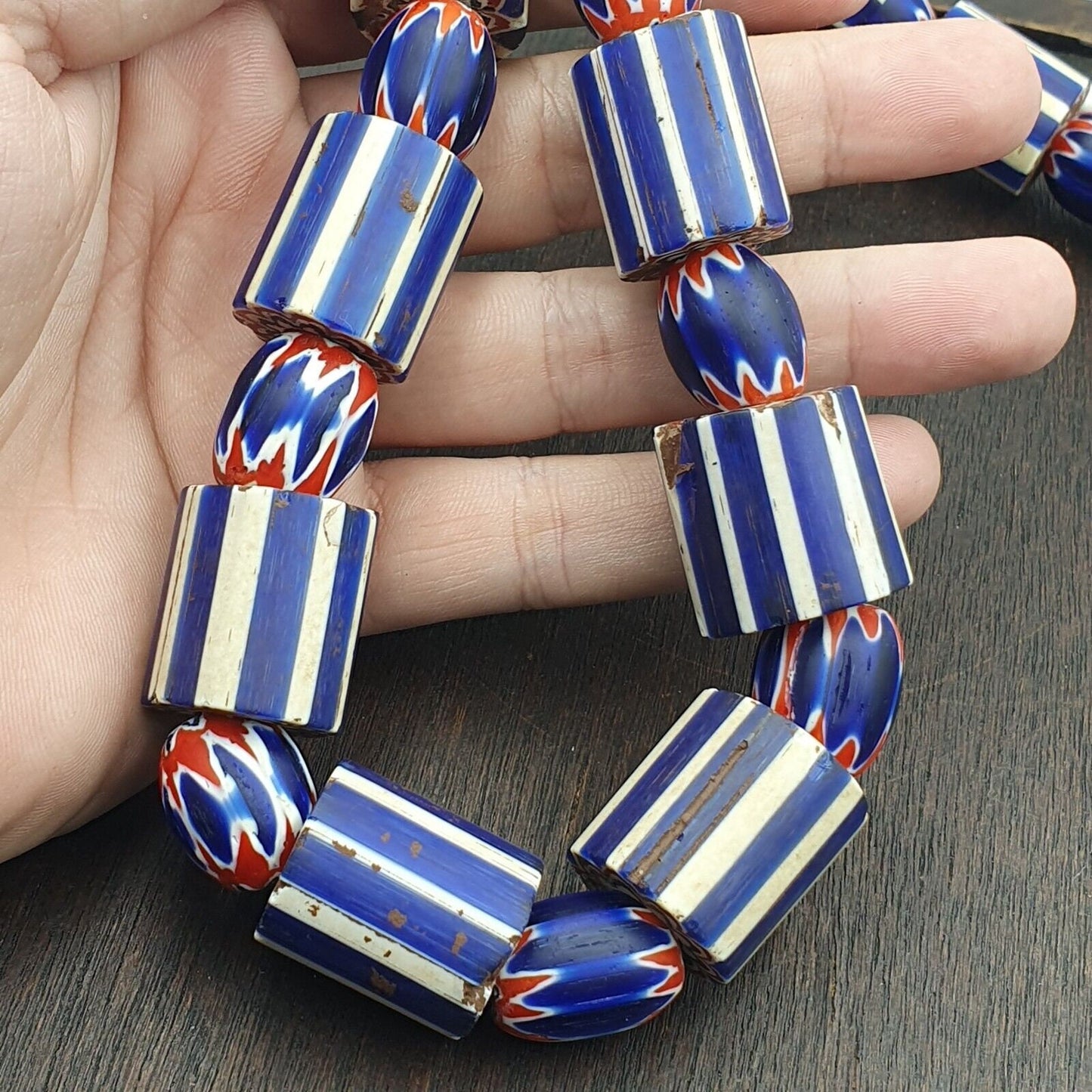 Vintage old blue chevron trade beads big size 20mm beads necklace