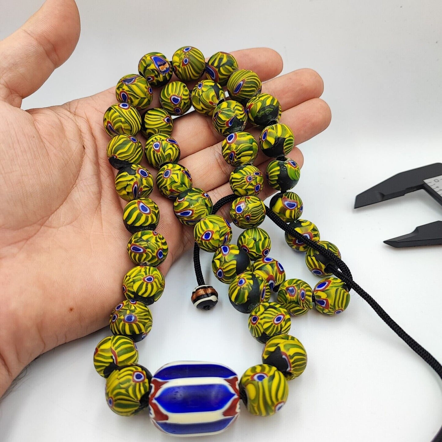 Very unique vintage venetian style old blue chevron glass beads long strandGift