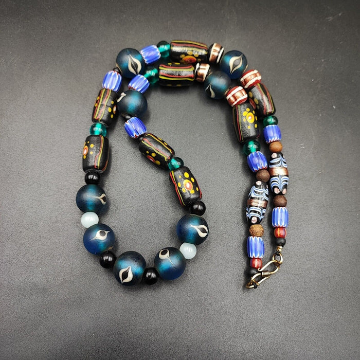 Vintage Venetian Style Glass Bead Strand: African Asian Mosaic Necklace