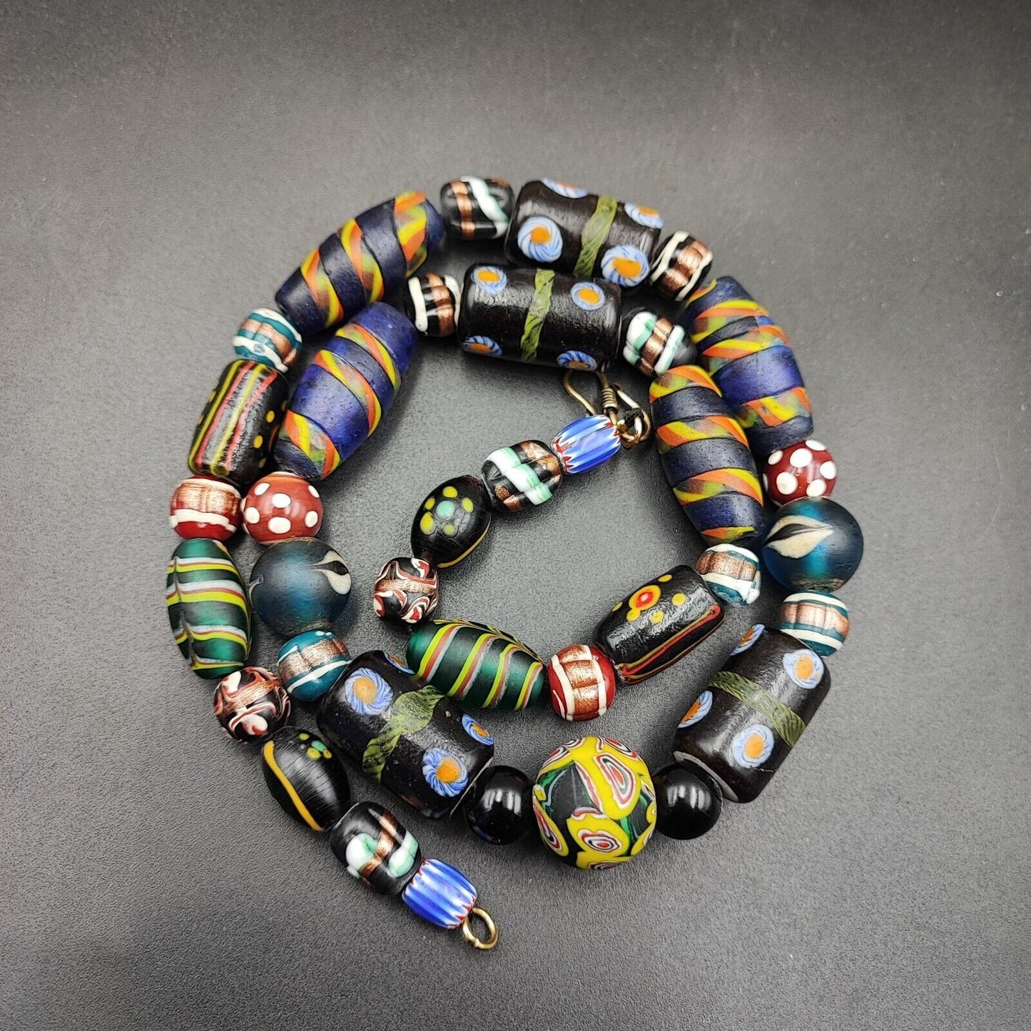 Vintage african asian mosaic glass chevron beads long strand necklaceGift