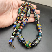 Vintage african asian mosaic glass chevron beads long strand necklace.